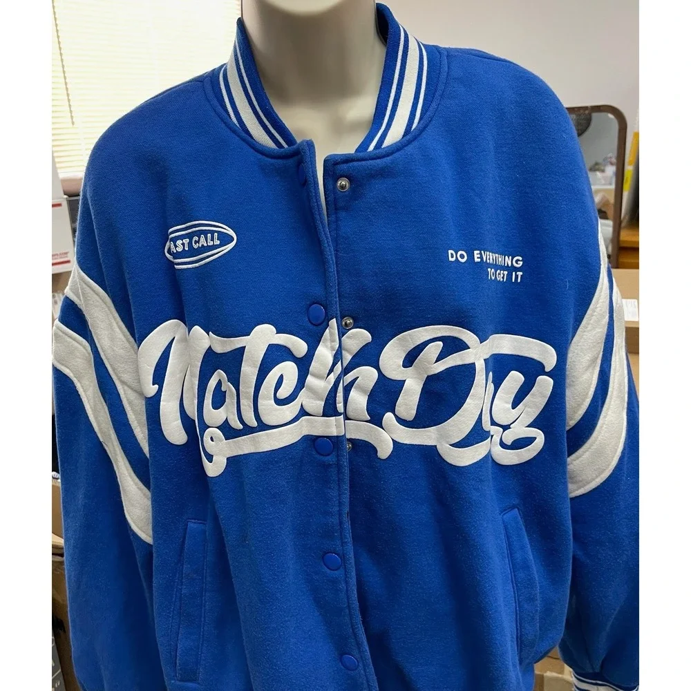 Bershka Mens Blue Match Day Varsity Bomber Jacket Size M Snap Front Streetwear